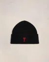 Ami Alexandre Mattiussi Black Beanie With Turn-up Brim And Adc Embroidery On The Front In Wool Man In Black/red