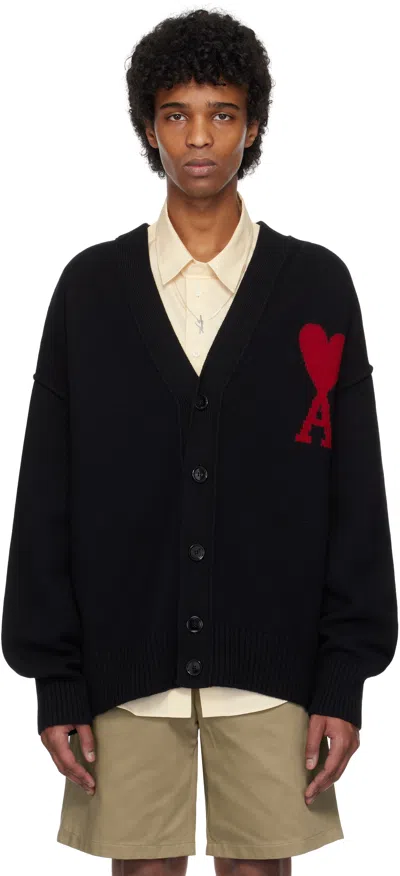 AMI ALEXANDRE MATTIUSSI BLACK WOOL AMI DE COEUR CARDIGAN