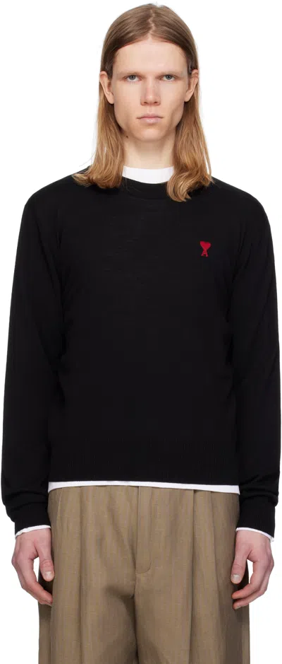 AMI ALEXANDRE MATTIUSSI BLACK WOOL AMI DE COEUR CREW NECK SWEATER