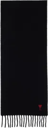 Ami Alexandre Mattiussi Ami Paris Ami De Coeur Wool Scarf With Fringed Edges In Black