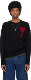 Ami Alexandre Mattiussi Ami Paris Wool Sweater With Heart Intarsia Design In 009 Black/red