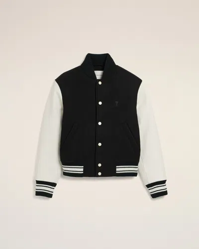 Ami Alexandre Mattiussi Black Wool And Leather Padded Teddy Jacket With Ami Paris Embroidery Black