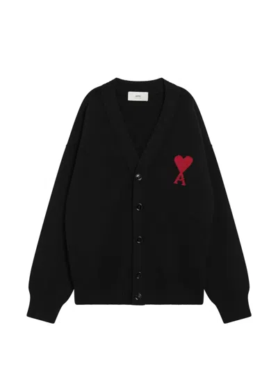 Ami Alexandre Mattiussi Ami Paris Men Black Cardigan With V Neck And Adc Embroidery On The Front In Wool Man