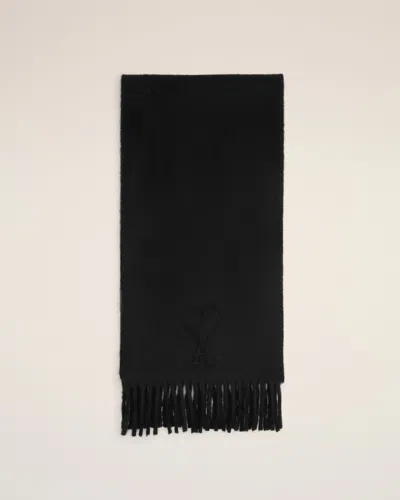AMI ALEXANDRE MATTIUSSI BLACK WOOL EMBOSSED AMI DE COEUR SCARF GREY