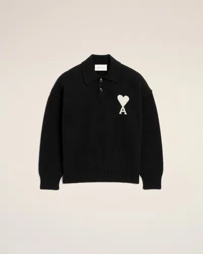 Ami Alexandre Mattiussi Black Wool Polo With Ami De Coeur Black In Black/off White