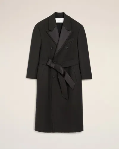 Ami Alexandre Mattiussi Black Wool Smocking Double Breasted Long Coat Grey In Brown