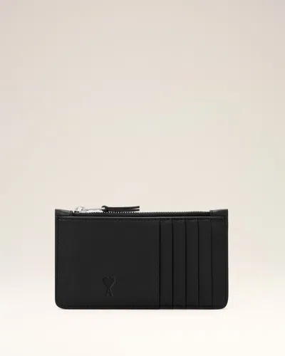 Ami Alexandre Mattiussi Black Zipped Cowhide Leather Card Holder With Ami De Coeur Black