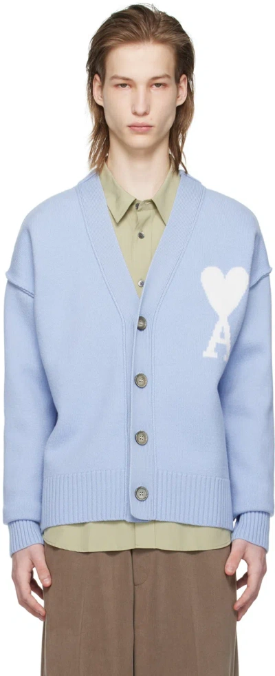 Ami Alexandre Mattiussi Logo-intarsia Virgin Wool Cardigan In 4843 Blue/off White