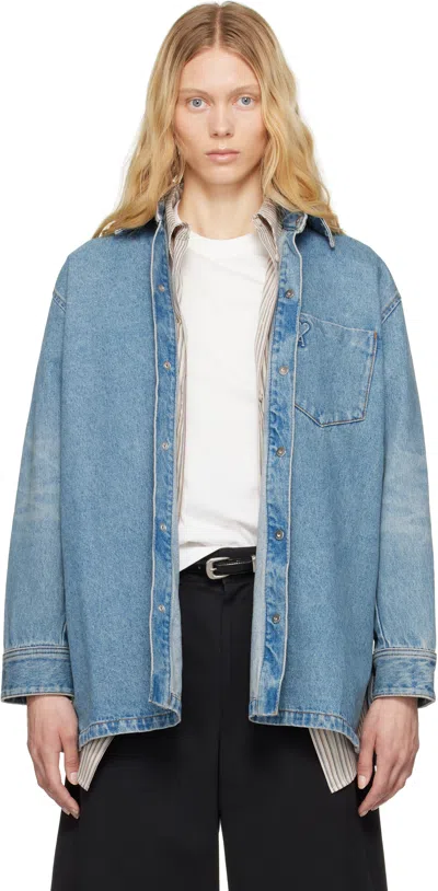 Ami Alexandre Mattiussi Blue Cotton Ami De Coeur Denim Overshirt In Used Blue/480
