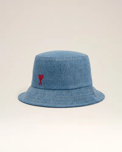 AMI ALEXANDRE MATTIUSSI BLUE COTTON AMI DE COEUR EMBROIDERY BUCKET HAT BLUE