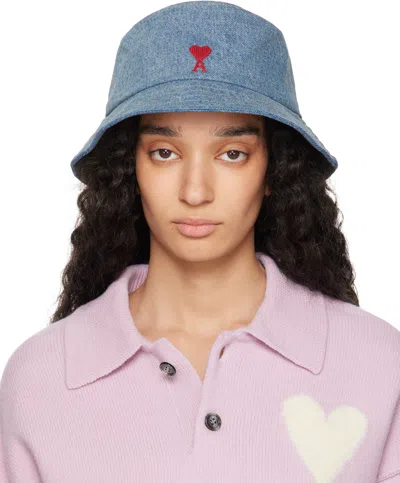 AMI ALEXANDRE MATTIUSSI BLUE COTTON AMI DE COEUR EMBROIDERY BUCKET HAT