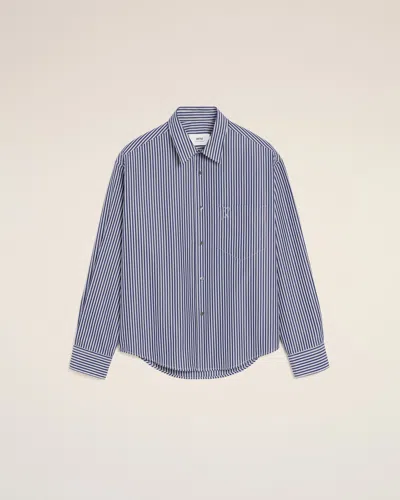 Ami Alexandre Mattiussi Blue Cotton Embossed Striped Ami De Coeur Boxy Shirt Blue