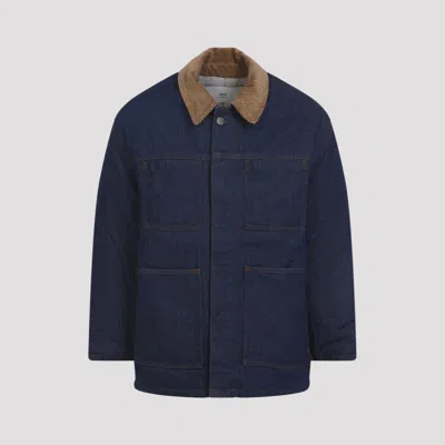 Ami Alexandre Mattiussi Dark Denim Jacket With Brown Corduroy Collar In Blue