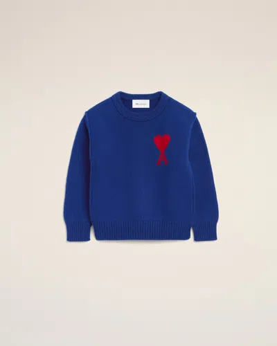 Ami Alexandre Mattiussi Blue Crewneck Wool Sweater With Ami De Coeur Blue