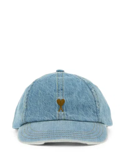 Ami Alexandre Mattiussi Blue Denim Cotton Cap With Ami De Coeur Light Washed Denim
