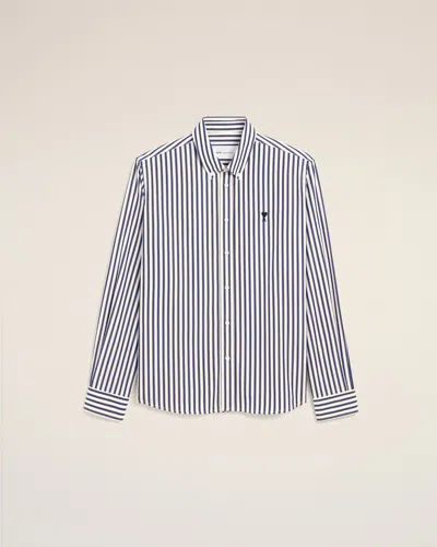 AMI ALEXANDRE MATTIUSSI BLUE STRIPED COTTON SHIRT WITH AMI DE COEUR BLUE