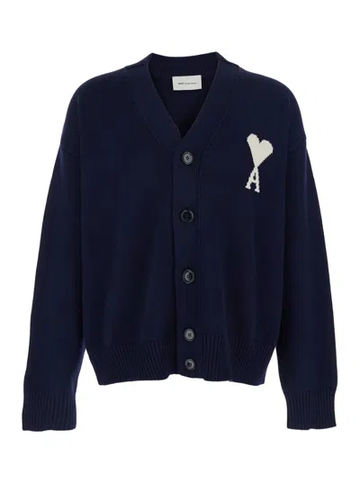 Ami Alexandre Mattiussi Blue V-neck Cardigan With Logo On The Front In Wool And Cotton Blend Man