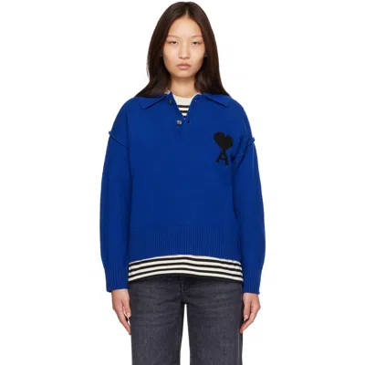 Ami Alexandre Mattiussi Blue Wool Ami De Coeur Polo In A271 Bleu Roi/noir