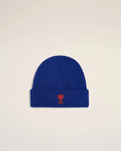 Ami Alexandre Mattiussi Blue Wool Beanie With Ami De Coeur Blue In Green