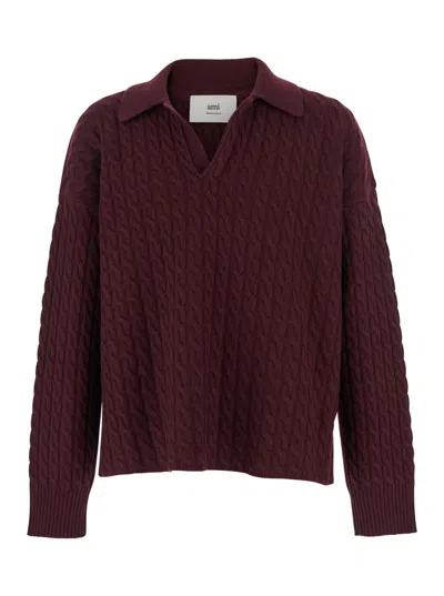 AMI ALEXANDRE MATTIUSSI BORDEAUX POLO SHIRT WITH WOVEN DESIGN IN WOOL WOMAN