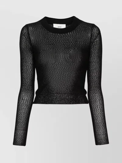 AMI ALEXANDRE MATTIUSSI BOUCLÉ KNIT CREWNECK SWEATER WITH SHEER DESIGN