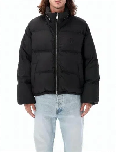 AMI ALEXANDRE MATTIUSSI BOXY BLACK PUFFER JACKET WITH HIGH COLLAR AND PLUSH INTERIOR