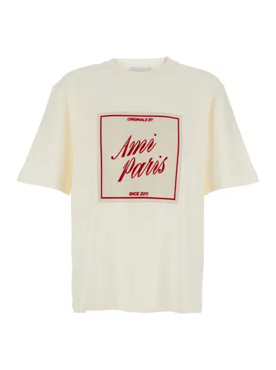 Ami Alexandre Mattiussi Boxy Fit Short Sleeves Teehisrt With Signature Print At Front In Neutral
