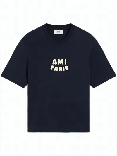 AMI ALEXANDRE MATTIUSSI BOXY NAVY T-SHIRT WITH PLAYFUL LOGO DETAILING