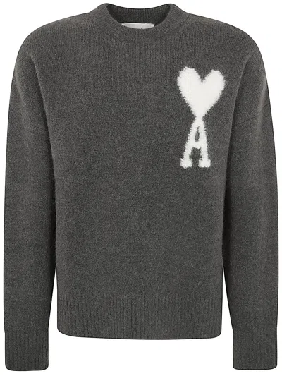 Shop Ami Alexandre Mattiussi Boxy Off White Adc Sweater In Dark Grey
