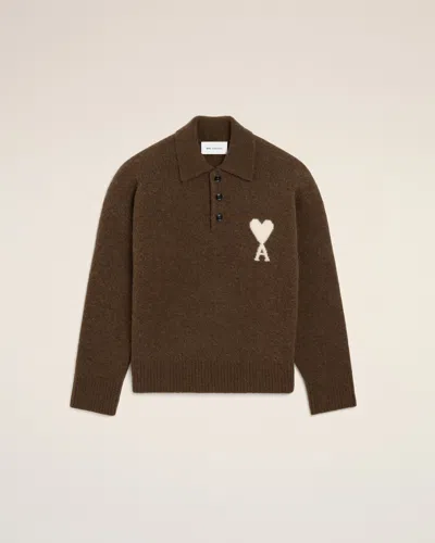 Ami Alexandre Mattiussi Brown Alpaca Polo With Ami De Coeur Brown In Chocolate Brown/ecru