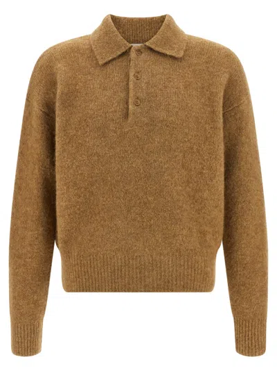 AMI ALEXANDRE MATTIUSSI BROWN CLASSIC TEXTURED POLO SWEATER