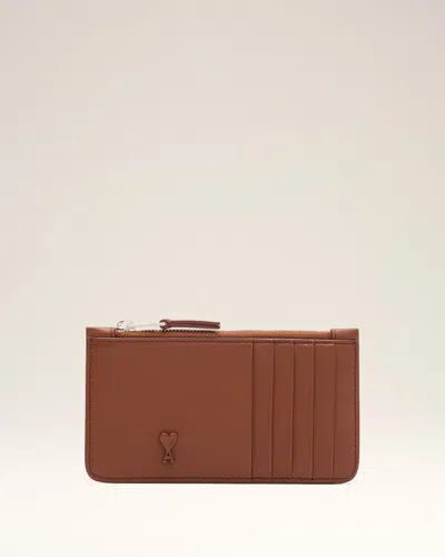 Ami Alexandre Mattiussi Brown Cowhide Leather Ami De Coeur Zipped Card Holder Brown