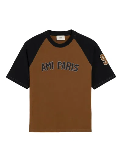 AMI ALEXANDRE MATTIUSSI BROWN CREWNECK LOGO T-SHIRT