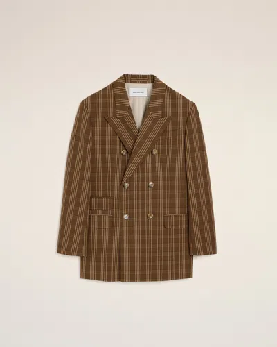 Ami Alexandre Mattiussi Brown Double Breasted Checkered Wool Blazer Brown In Chocolate Brown/mastic Beige