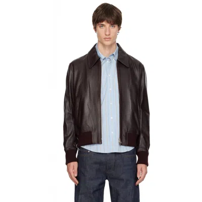 Ami Alexandre Mattiussi Brown Lamb Leather Zipped Jacket In A235 Cerise Foncee