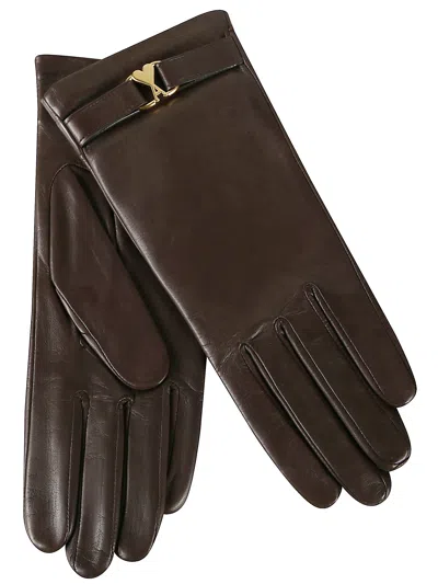 Ami Alexandre Mattiussi Brown Leather Gloves With Gold Logo Plaque