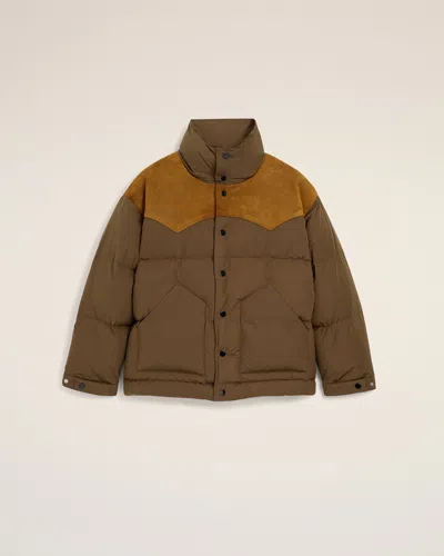 Ami Alexandre Mattiussi Brown Nylon And Cotton Down Jacket With Leather Panels Brown In Chocolate Brown