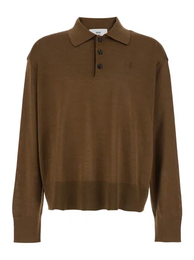 AMI ALEXANDRE MATTIUSSI BROWN POLO SHIRT WITH CLASSIC COLLAR AND LOGO EMBROIDERY ON THE FRONT IN WOOL AND SILK MAN
