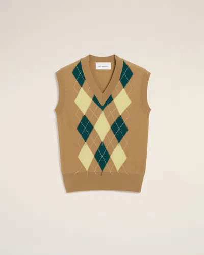 Ami Alexandre Mattiussi Brown Wool And Cotton Argyle Intarsia Sleeveless Sweater Beige