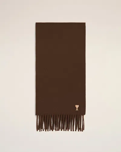 Ami Alexandre Mattiussi Brown Wool Scarf With Ami De Coeur Patch Brown In Chocolate Brown