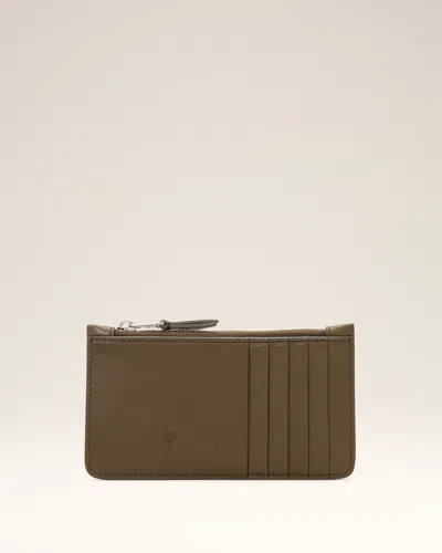 Ami Alexandre Mattiussi Brown Zipped Cowhide Leather Card Holder With Ami De Coeur Brown In Truffle