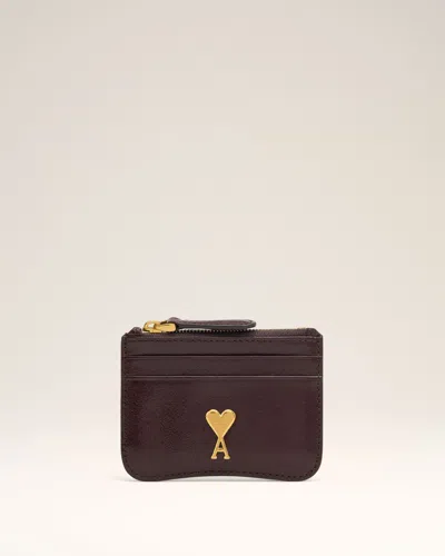 Ami Alexandre Mattiussi Burgundy Leather Paris Paris Zipped Card Holder Red In Eggplant