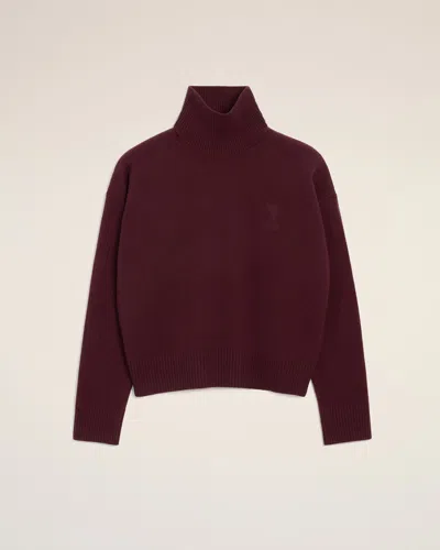 Ami Alexandre Mattiussi Burgundy Wool Ami De Coeur Funnel Neck Sweater Red