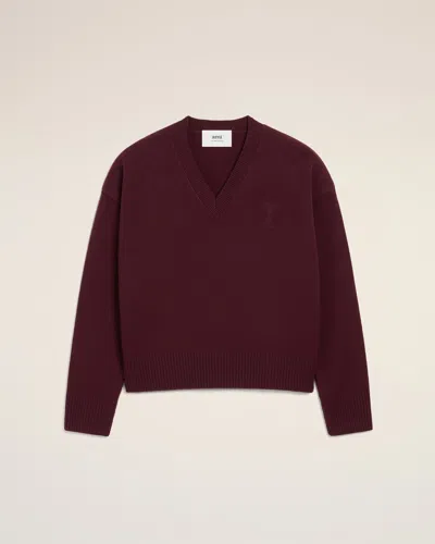 Ami Alexandre Mattiussi Burgundy Wool Ami De Coeur V Neck Sweater Red