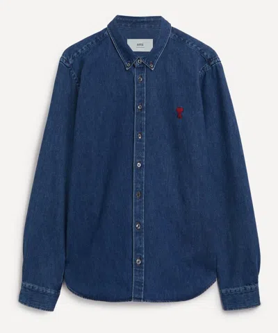 Ami Alexandre Mattiussi Adc Button-down Collar Logo-embroidered Denim Shirt In Blue