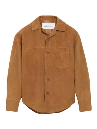 Ami Alexandre Mattiussi Suede Oversize Shirt Long Sleeves Chest Pocket In Brown
