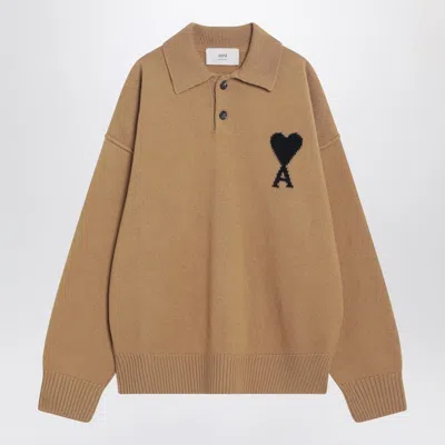 AMI ALEXANDRE MATTIUSSI CAMEL-COLOURED AMI DE COEUR POLO SWEATER