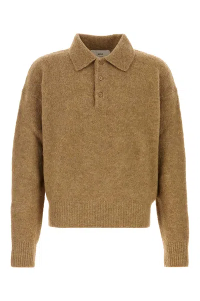AMI ALEXANDRE MATTIUSSI CAMEL STRETCH ALPACA BLEND POLO SHIRT