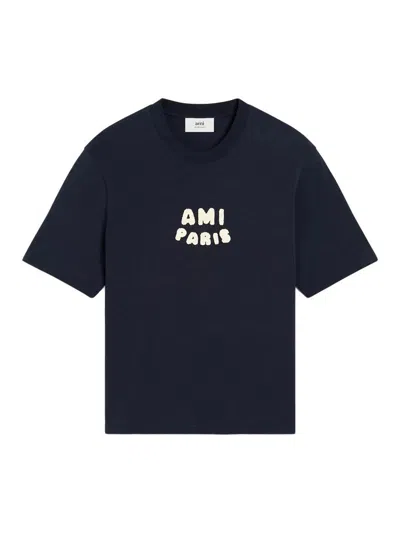 Ami Alexandre Mattiussi Boxy Navy T-shirt With Playful Logo Detailing In Black
