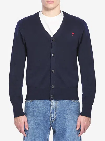 Ami Alexandre Mattiussi Ami Paris Men Blue Cardigan With V Neck And Adc Embroidery On The Front In Wool Blend Man